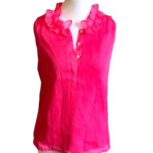 J. Crew Top XS Ruffles Sleeveless Neon Pink Barbie Sheer Summer Shirt 00 Office